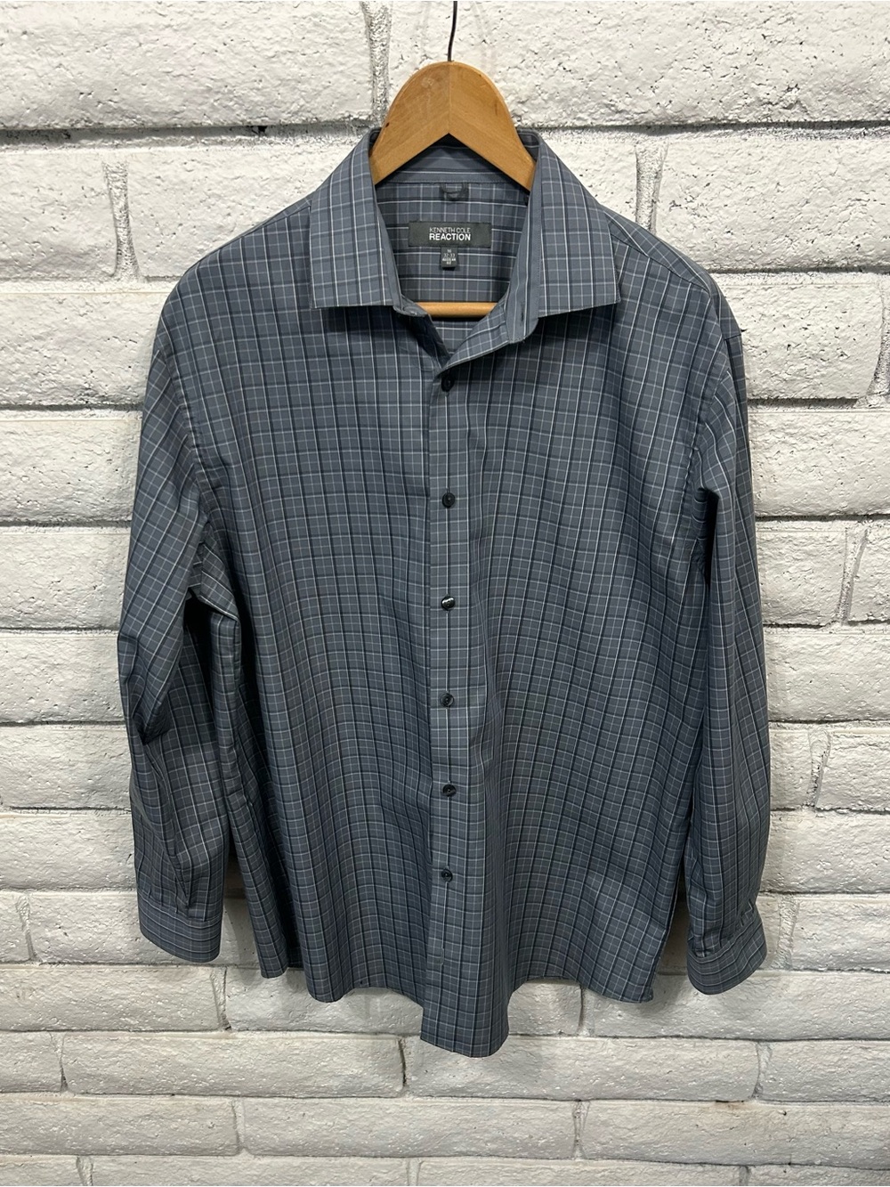 Kenneth Cole Reaction Gray Plaid Button Down Shirt Mens L 16 32/33